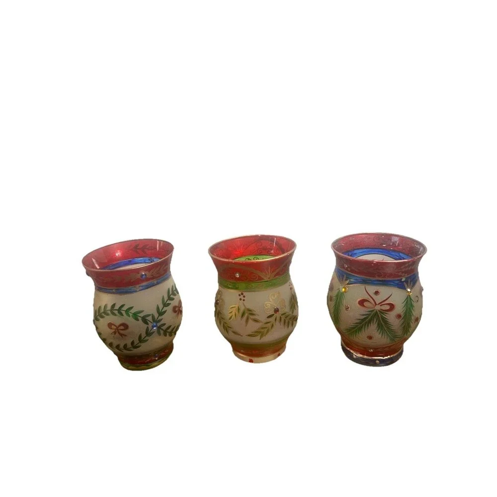 Vintage 2004 Christmas Glass Candle Holder Cups Set of 3 4” Hand Painted